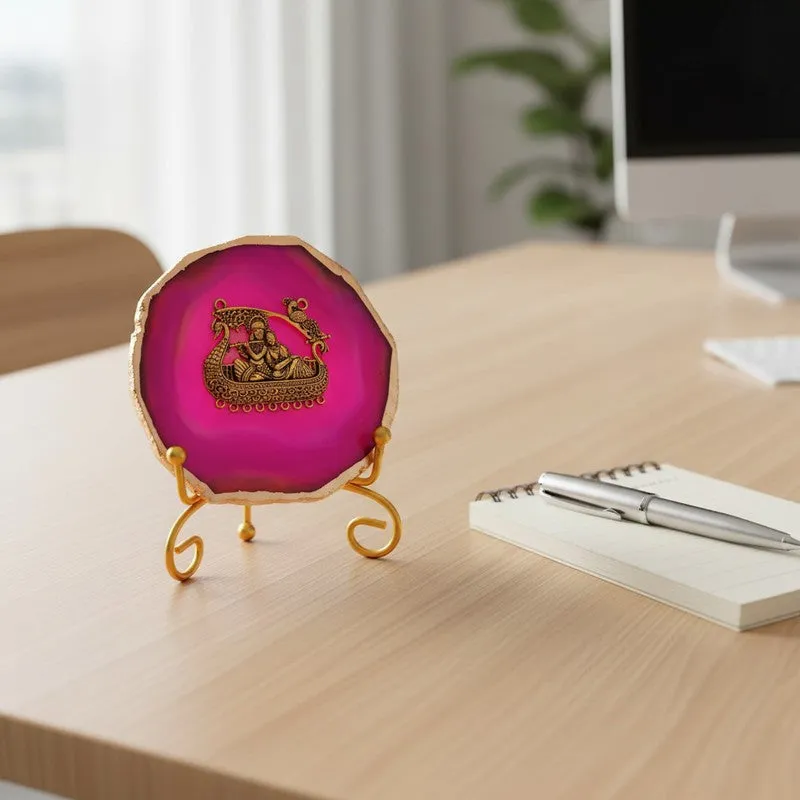 Radhe Krishna Bliss Agate Showpiece With Stand - Magenta & Gold media 5