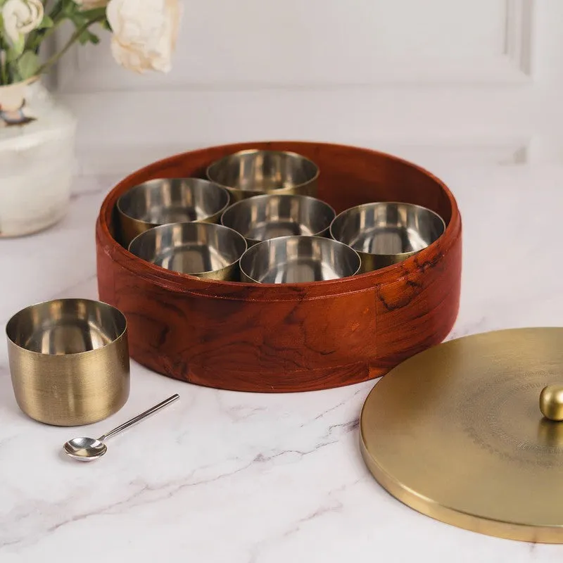Zaestia Mango Wood Round Masala Box - Three Piece Set media 3