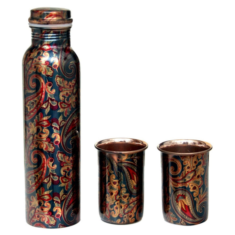 Maaya Ethnic Copper Water Bottle With Glasses (1000 mL/150 mL) - Three Piece Set image 5