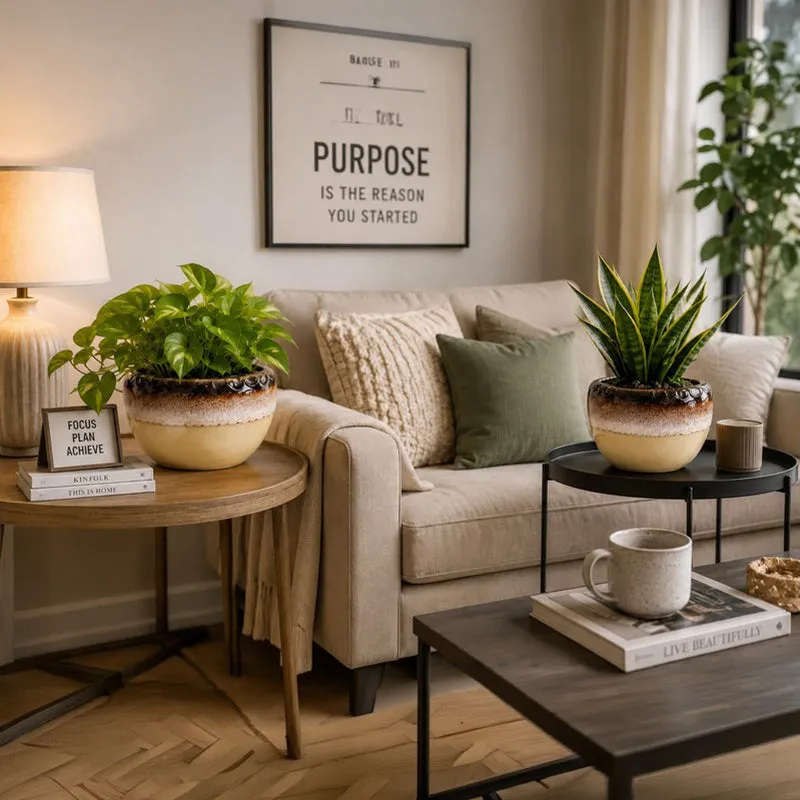 Two matching ceramic planters displayed with indoor plants in a living room