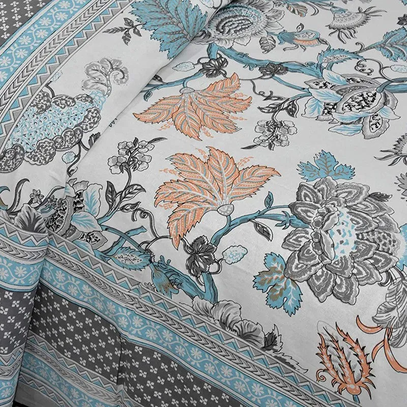 Sleepora Floral Cotton Bedsheet (Blue & White) - 240 TC media 4