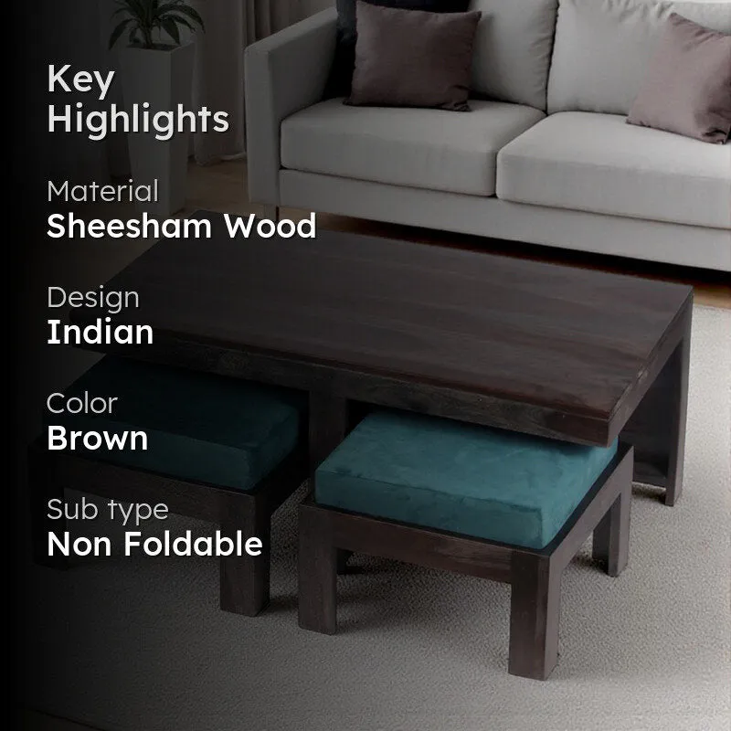 Drexon Sheesham Wooden Center Table with Stools (Deep Brown,Blue) - Five Piece Set media 2