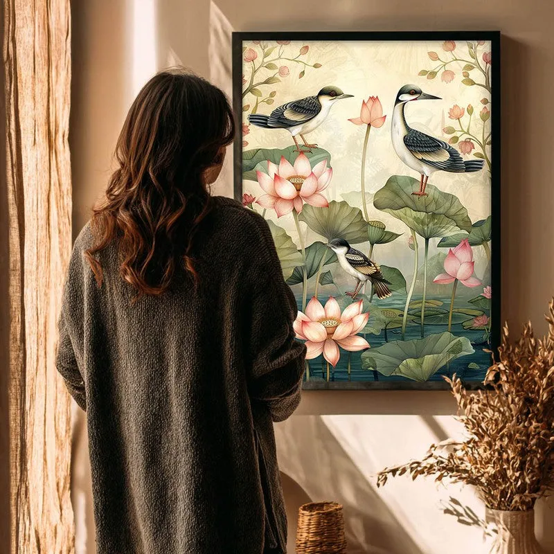 Lotus Pond Canvas Wall Painting With Black Frame media 7