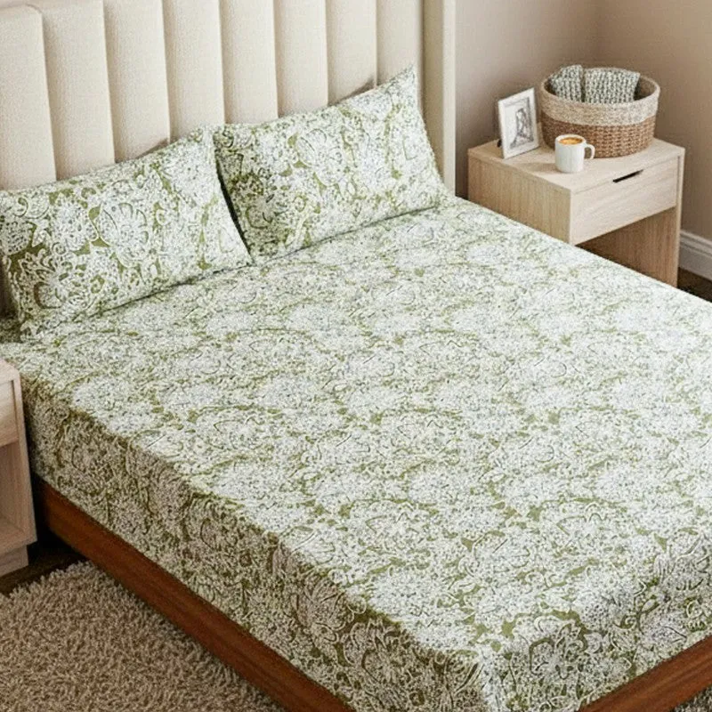 Champa Floral Cotton Bedsheet (Sage Green) - 200 TC media 3