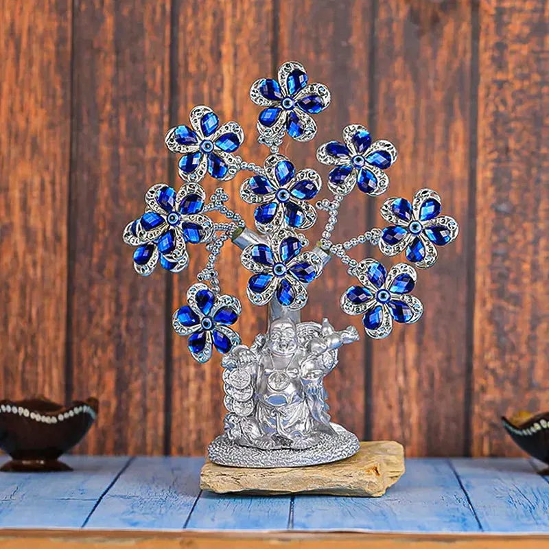 Laughing Buddha Tree Of Life Showpiece - Blue & Silver media 1