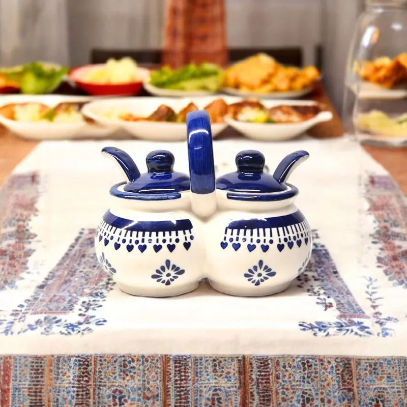 Ambar Ceramic Condiment Jar With Spoon (Blue) - 200 mL media 4