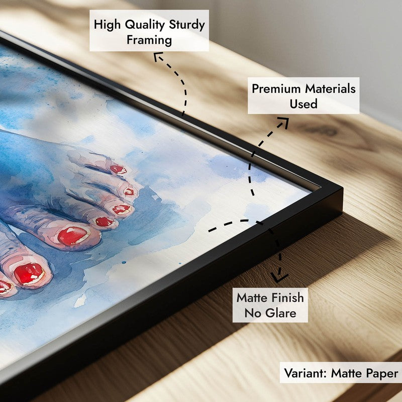 Blue Lotus Feet Spiritual Archival Paper Wall Painting With Frame - Black media 8