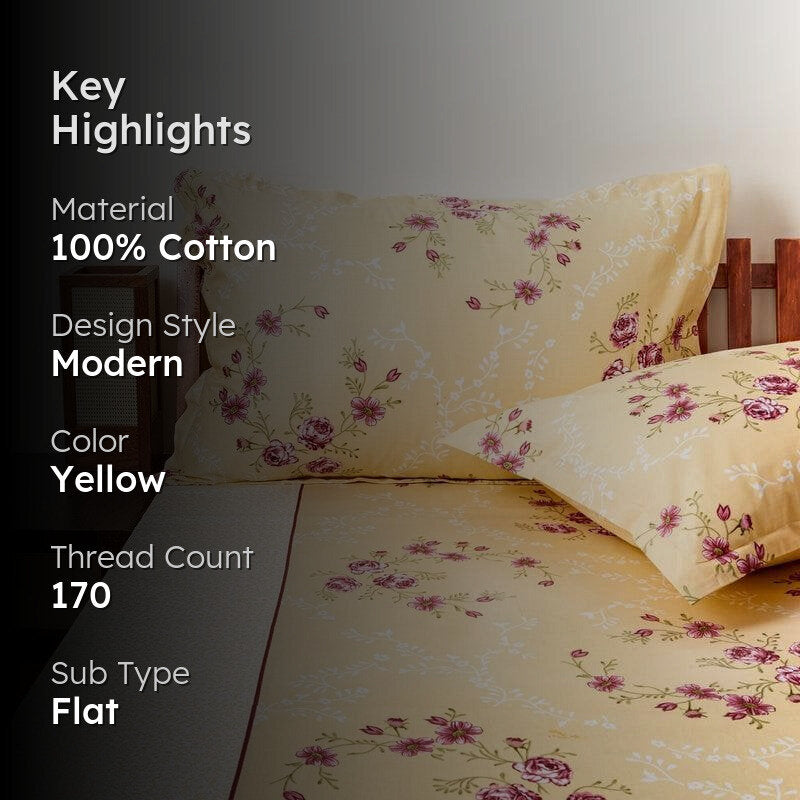 Floral Bouquet Cotton Bedsheet (Yellow) - 170 TC media 2