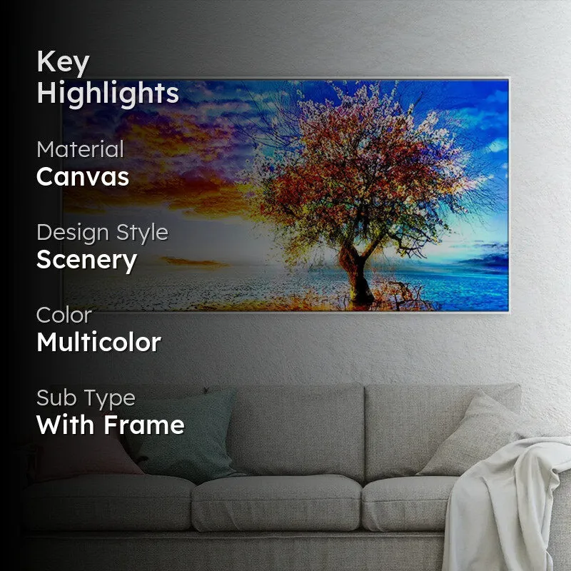 Framed scenic wall painting shown in a living room setting