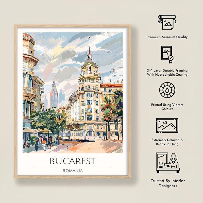 Vintage Bucarest Framed Canvas Archival Canvas Wall Painting - Natural Brown Frame media 8