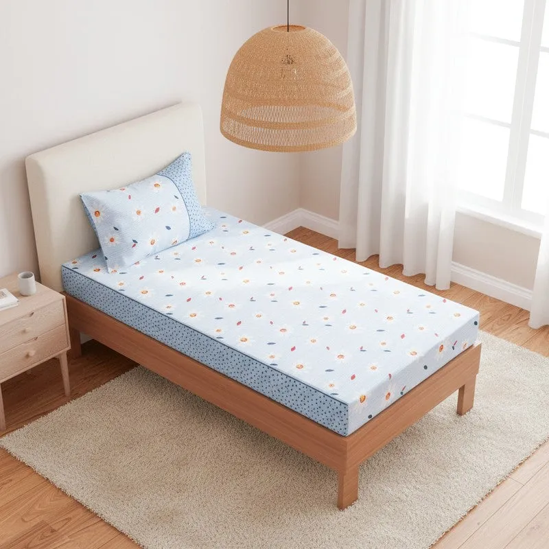 Daisy Blush Printed Cotton Bedsheet (Blue) - 200 TC media 1