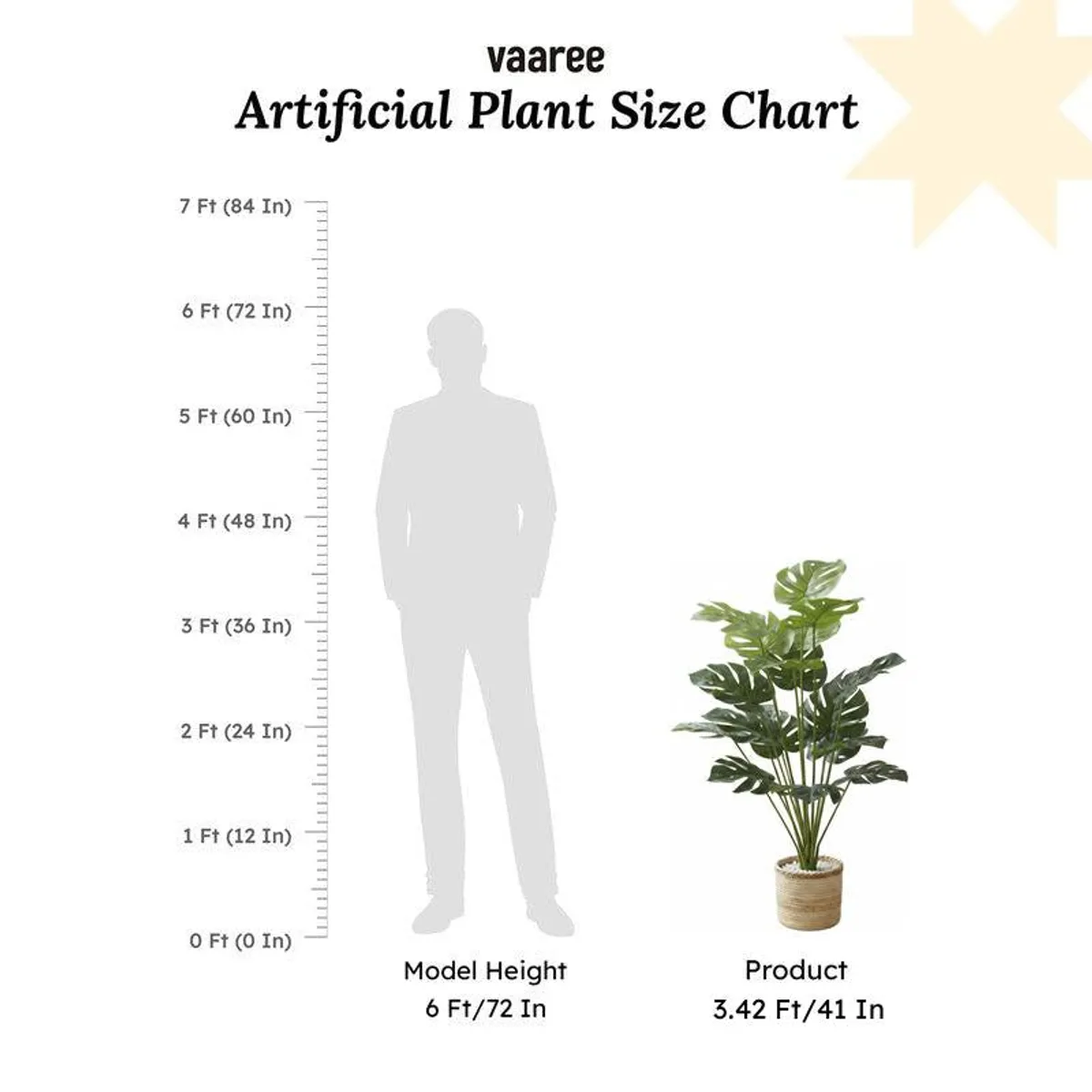 Artificial Monstera plant shown against a height comparison chart