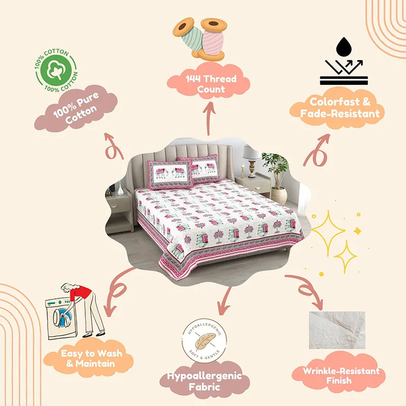 Palms & Tusks Cotton Bedsheet (Pink) - 144 TC media 5