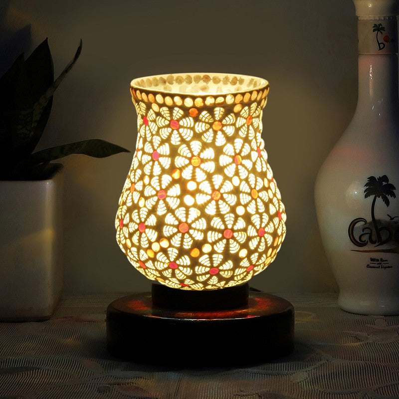 Mosaic Glass Table Lamp With Wooden Base - Multicolor