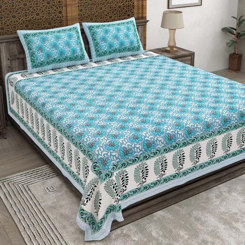 Rangva Cotton Bedsheet (Blue,White) - 240 TC media 1