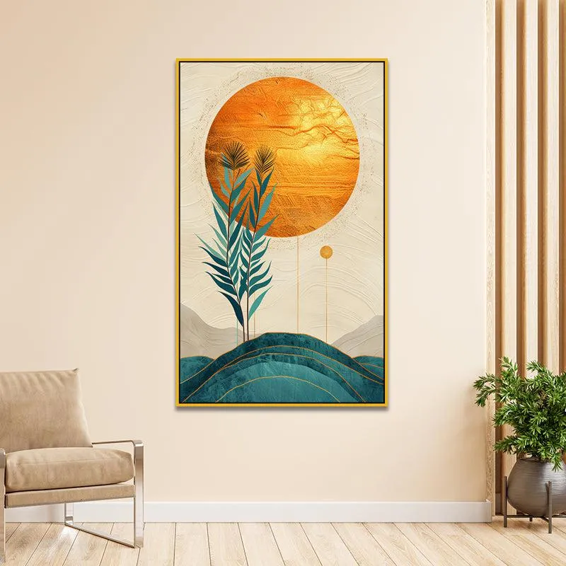 Sunset Indigo Branch Floral Canvas Wall Painting With Frame - Gold media 1
