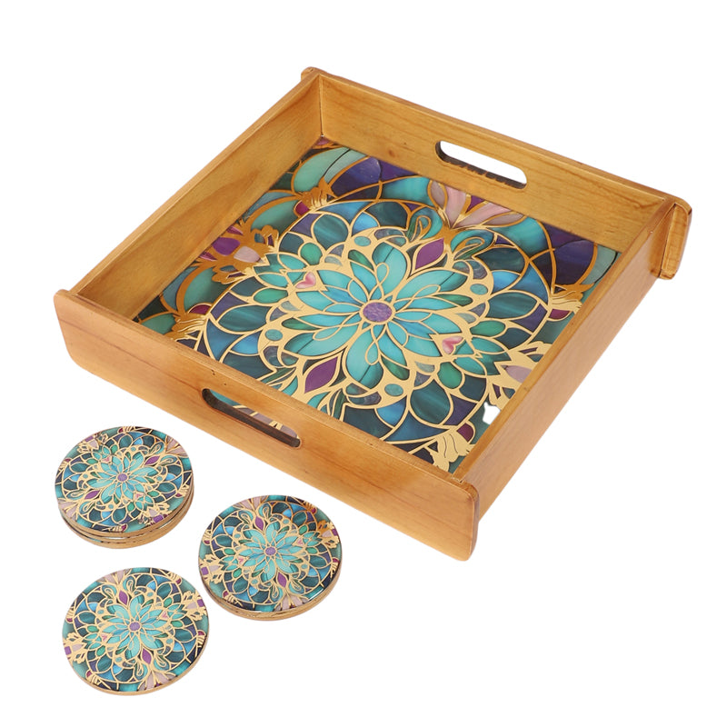 Floral Feast Wooden Serving Tray With Coaster - Seven Piece Set media 4