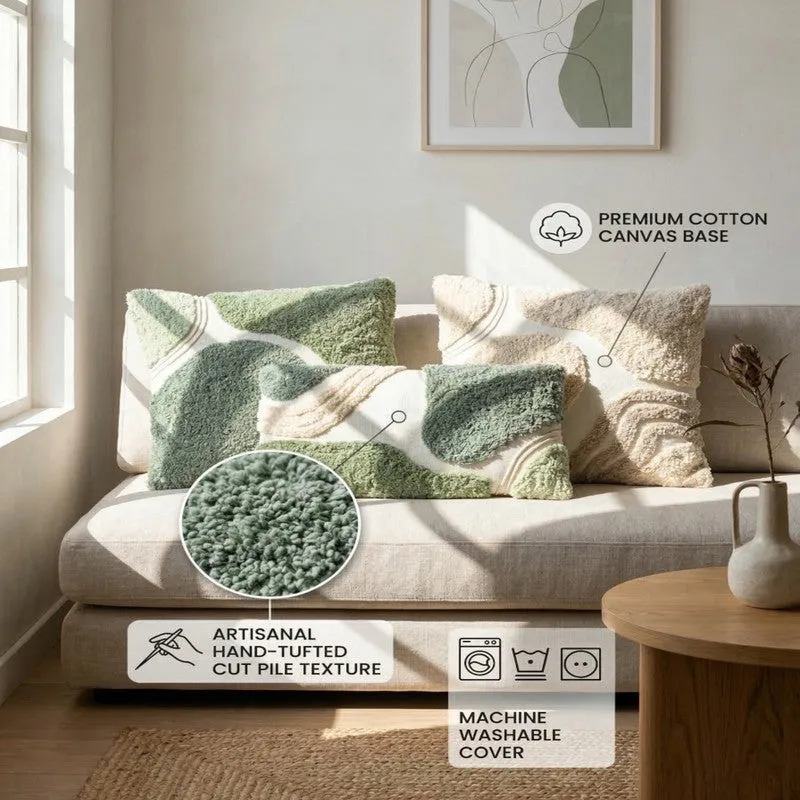 Soft Charm Tufted Cotton Cushion Cover (Green) - Set of Three - 9