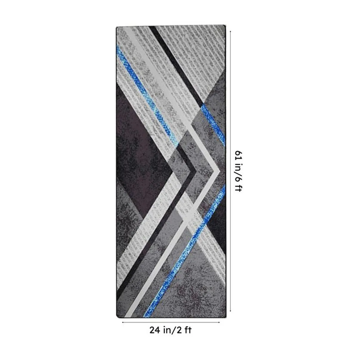 Geometric runner rug shown vertically with size markings