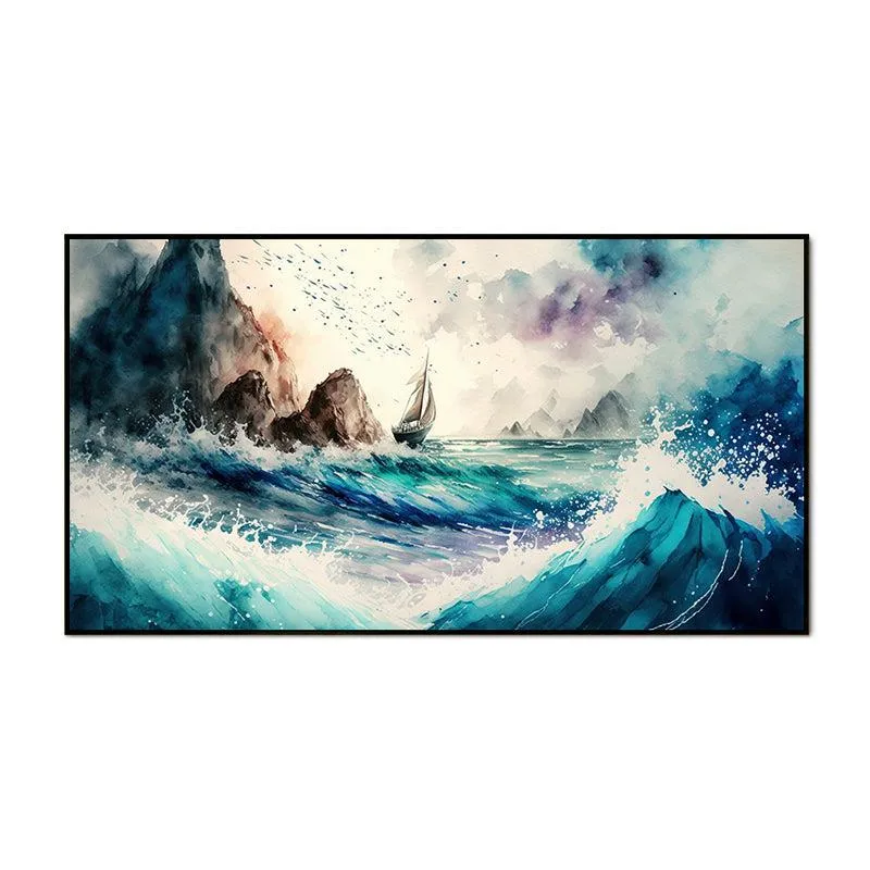 Crashing Blue Waves Landscape Canvas Wall Painting With Frame - Black media 4