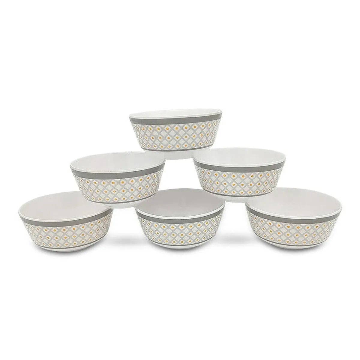 Six matching patterned snack bowls displayed in a group