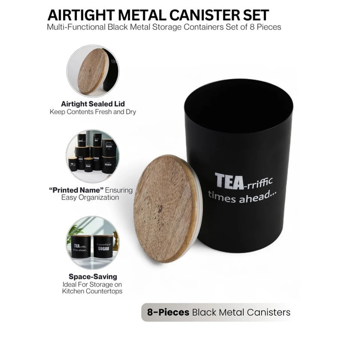 Black metal canister with a natural-toned lid shown beside its airtight lid detail.