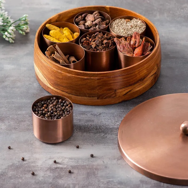 Prestyn Teak Wood Round Masala Box - Three Piece Set media 3