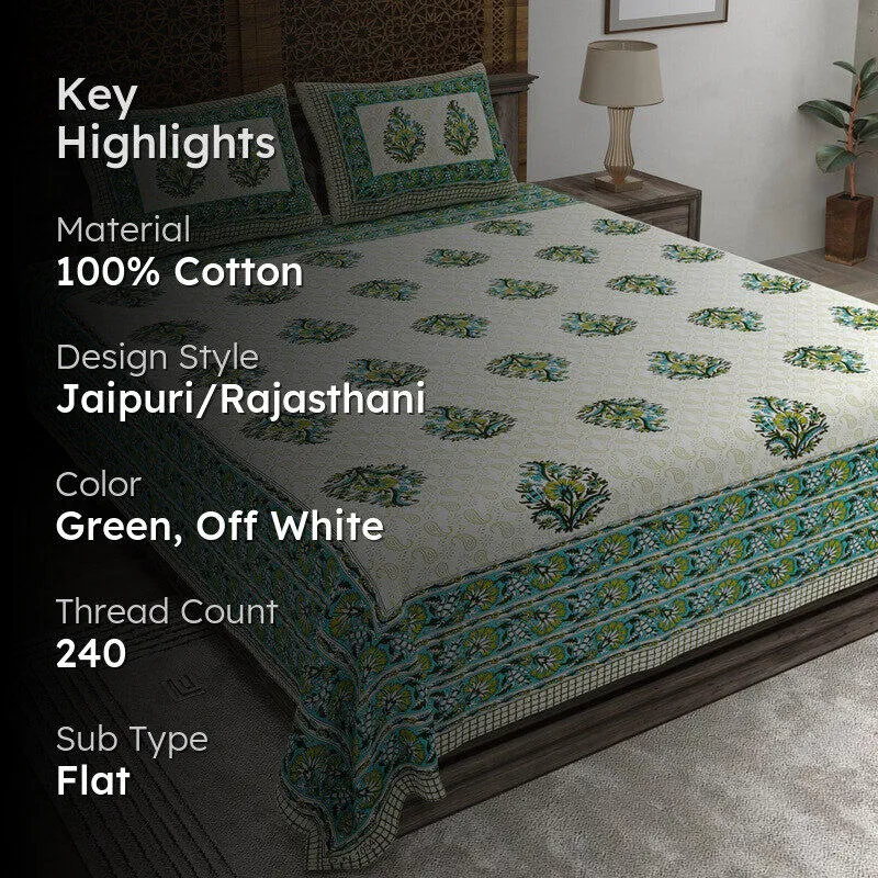 Vineel Cotton Bedsheet (Green,Off White) - 240 TC media 2