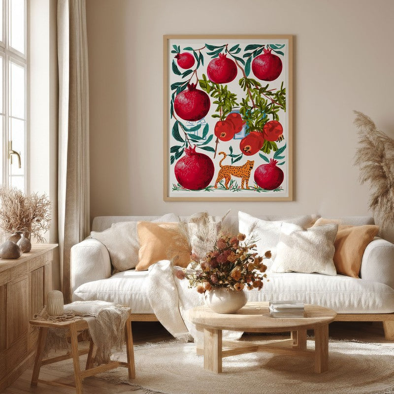Pomoria Pomegranate Garden Illustration Canvas Wall Painting With Brown Frame