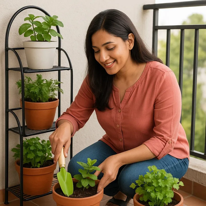 Gardener using the green trowel for an indoor potted plant on a balcony.