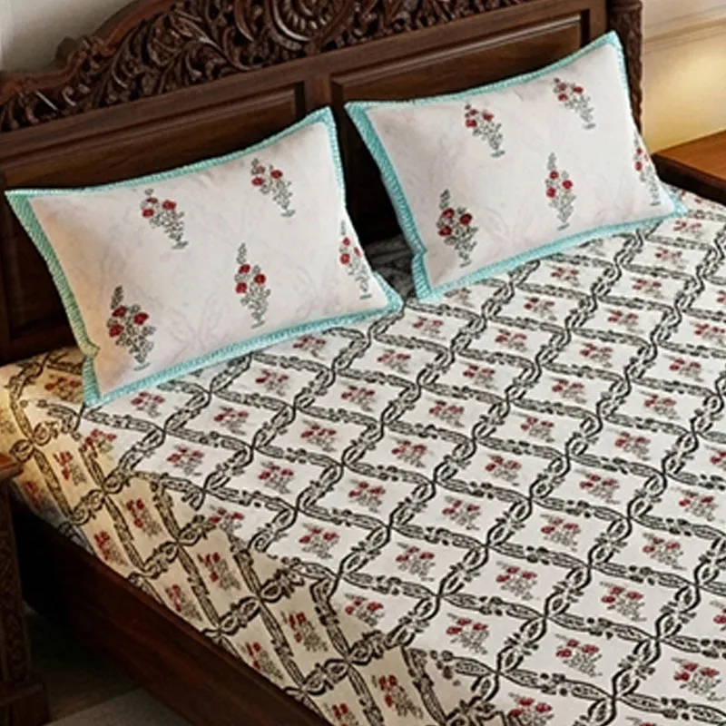 Nawabi Cotton Bedsheet (Teal, Red) - 180 TC media 3