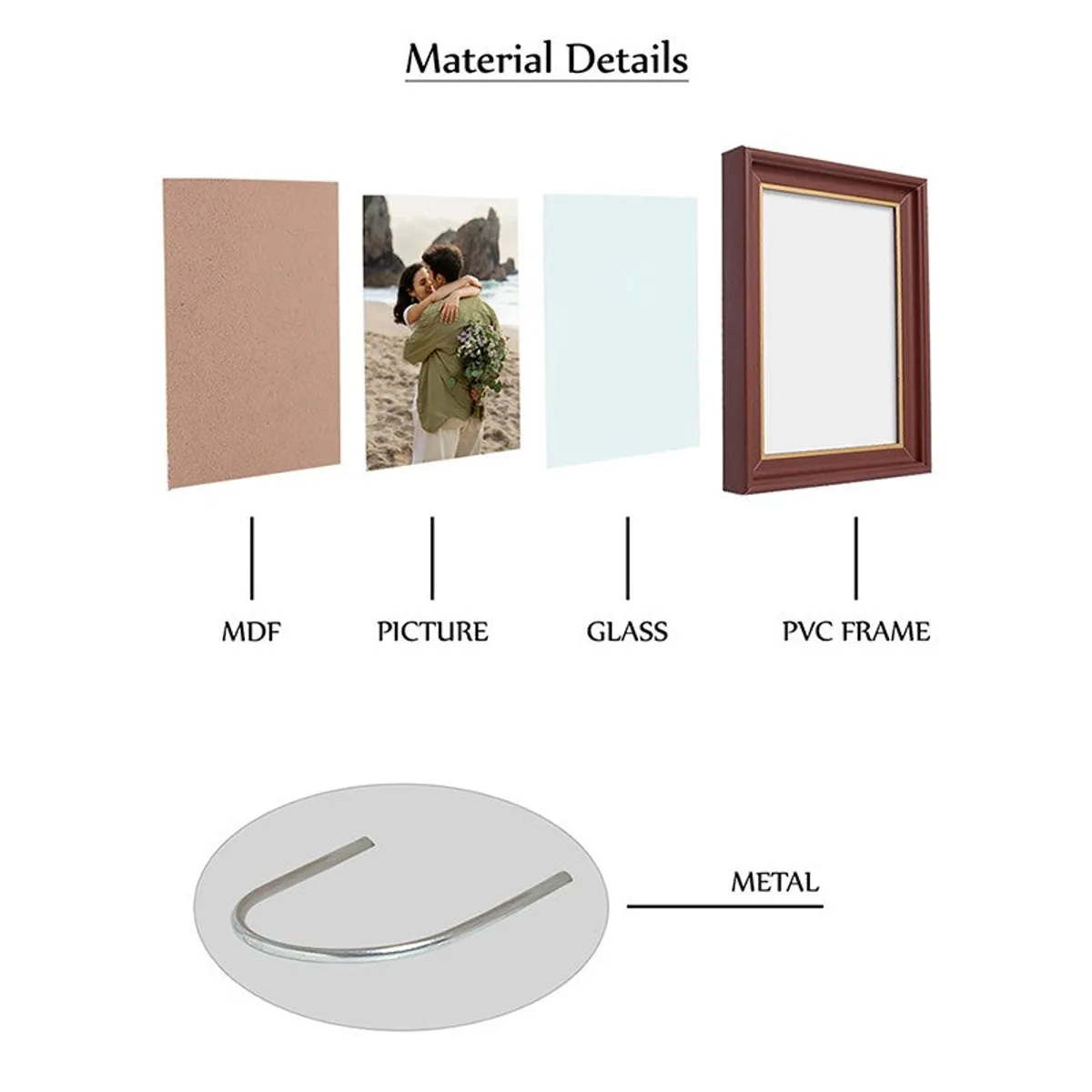 Brown photo frame shown with visible MDF, glass, PVC frame and metal components.