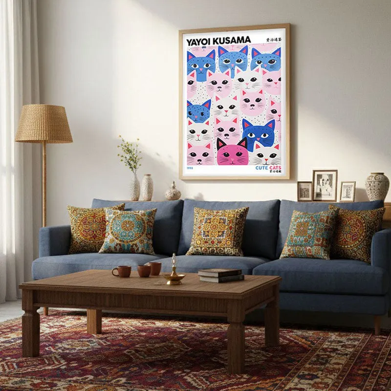 Cute Cats Inspired by Yayoi Kusama Archival Canvas Wall Art - Natural Brown Frame media 3