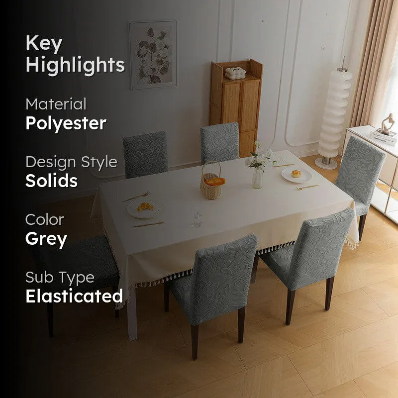 Grey chair covers on dining chairs with key highlights overlay