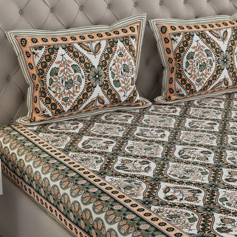 Kirthi Printed Cotton Bedsheet (Olive Green) - 240 TC media 3