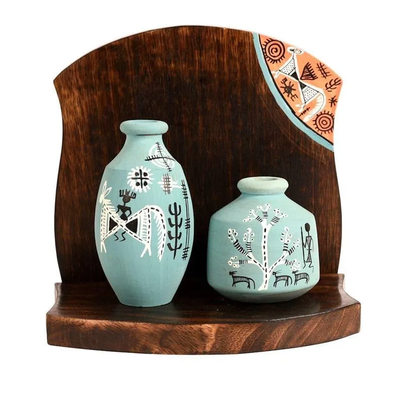 Ghame Warli Wooden Wall Shelf With Pots - Three Piece Set media 3