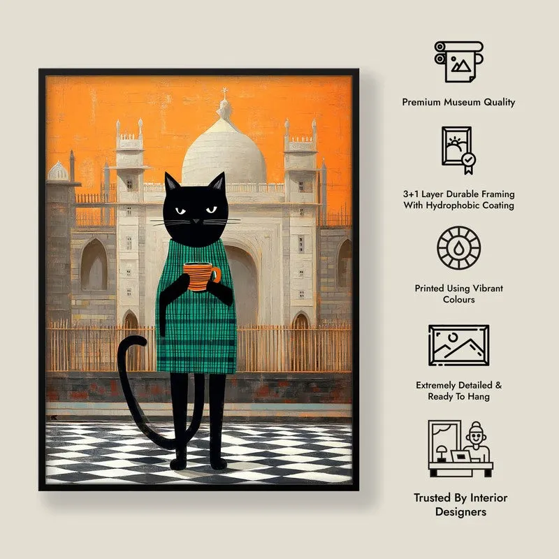 Serene Sips Cat Wall Painting With Frame media 9