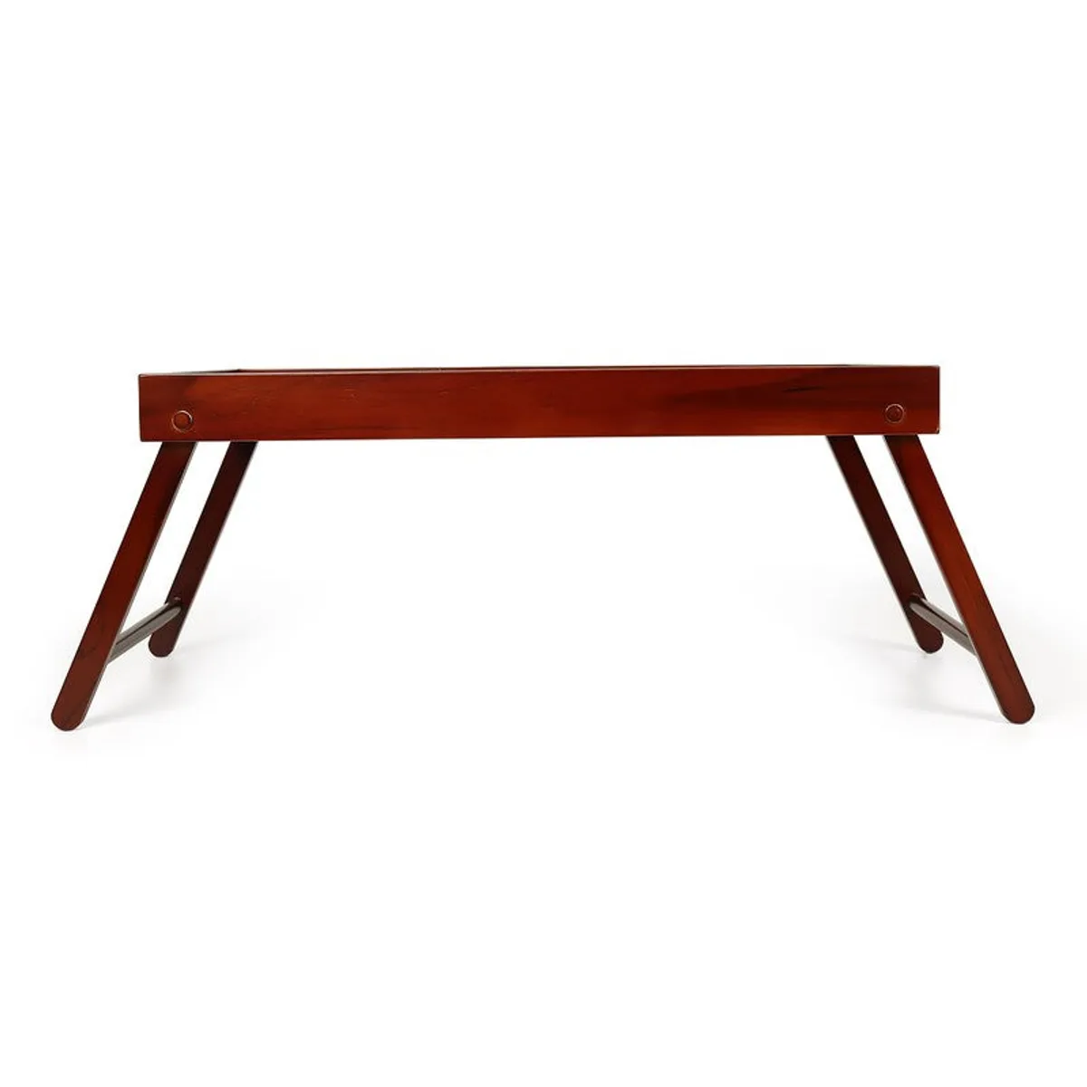 Side view of brown foldable tray table with angled legs