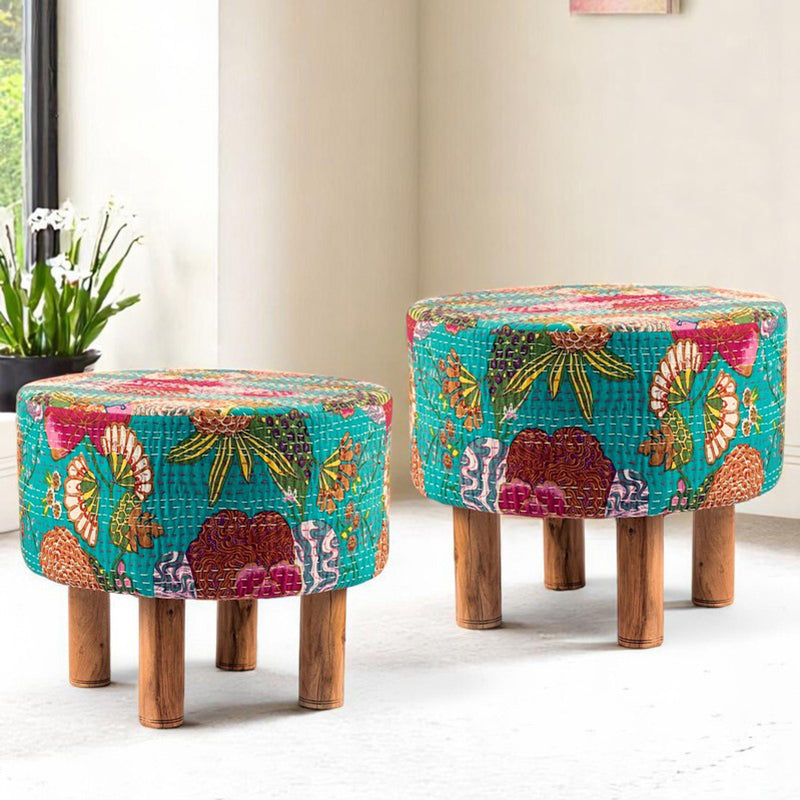 Lverix Acacia Wooden Ottomans (Multicolor) - Set Of Two