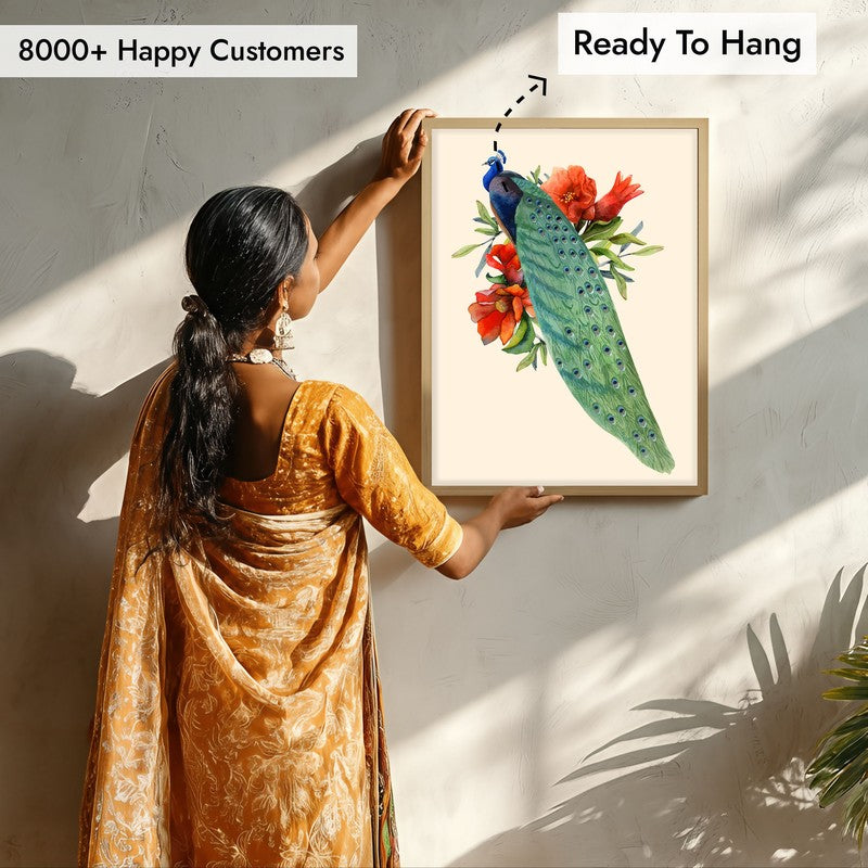 Flowers & Peacock Archival Paper Wall Art  - Natural Brown Frame media 8
