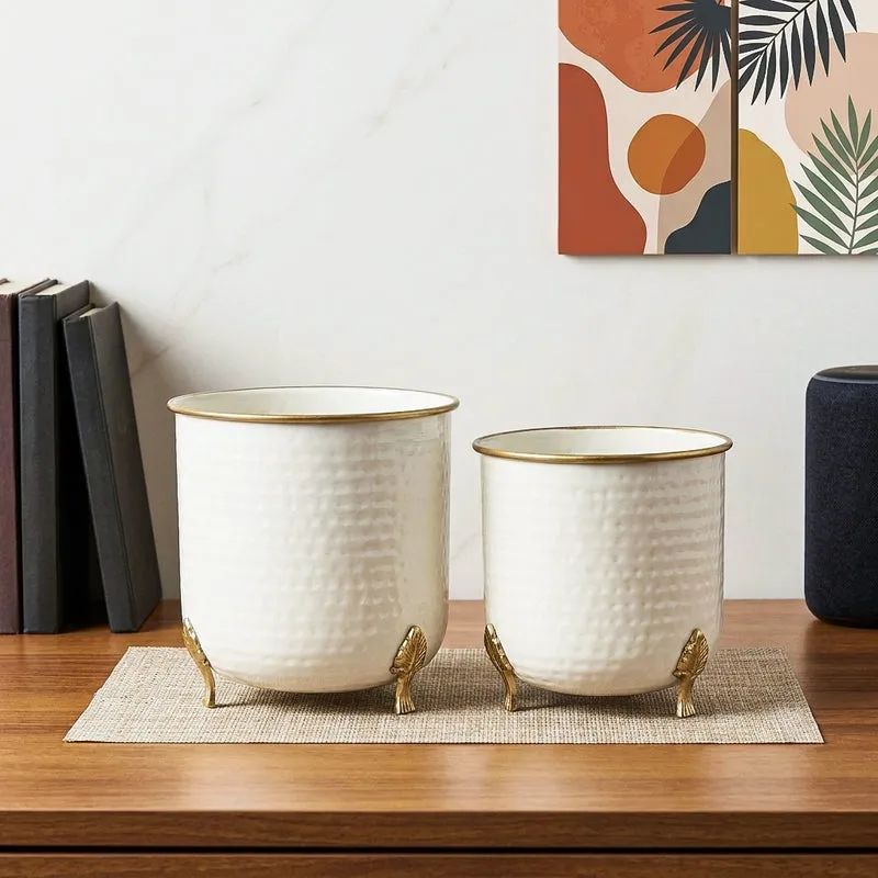 Aurea Metal Hammered Gold Rim Leaf leg Planter - Set of Two media 1