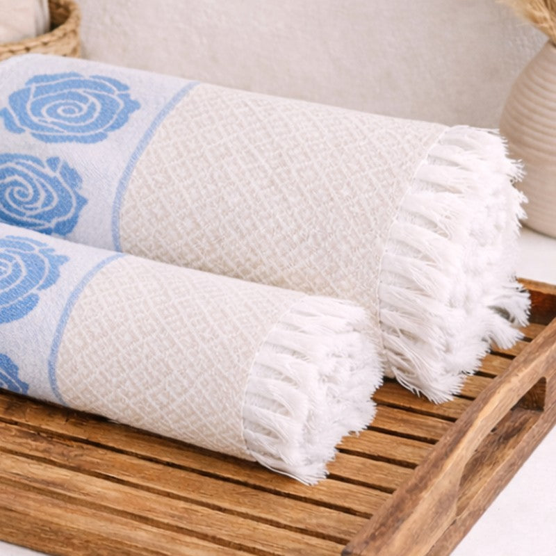 Rosette Cotton Bath Towel (Blue & White) - Set Of Two media 9