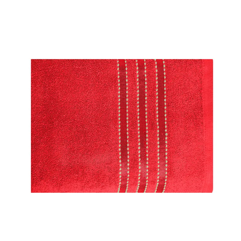 Top view of a red bath towel with vertical striped detailing