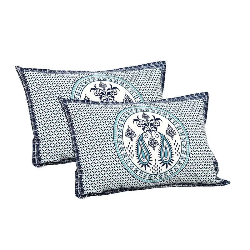 Trikaaya Ethnic Cotton Flat Bedsheet (White & Blue) - 160 TC media 6