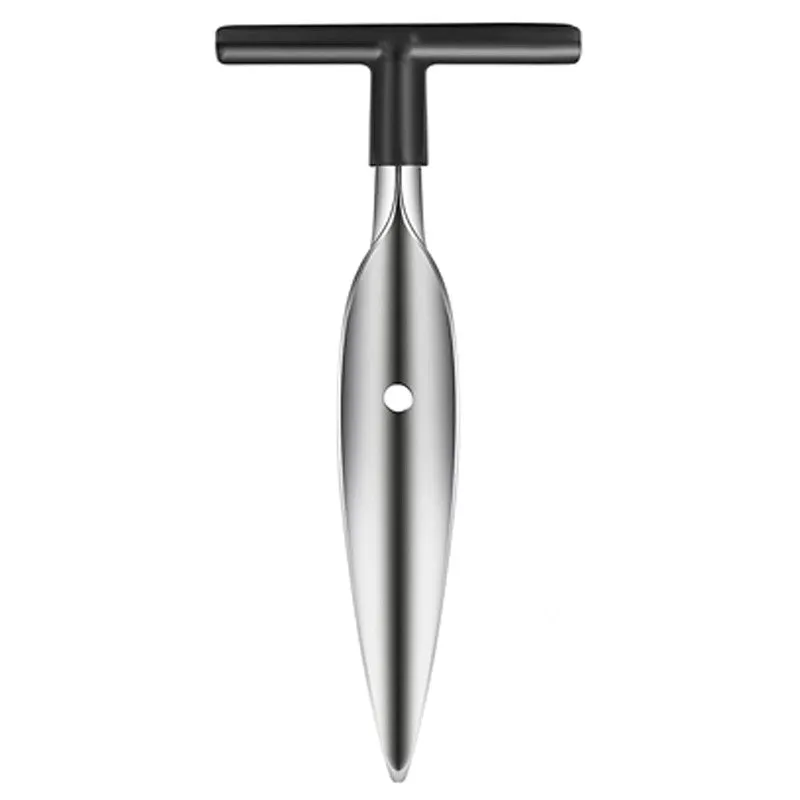 Standalone silver steel coconut opener with a black T-shaped handle