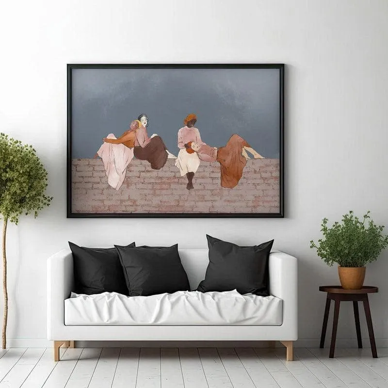 Large black-framed figurative wall painting displayed above a white sofa