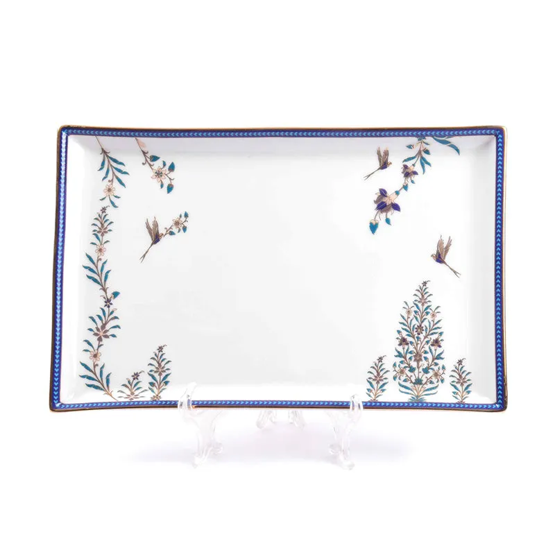 Rectangular white porcelain platter with blue border and floral bird motifs
