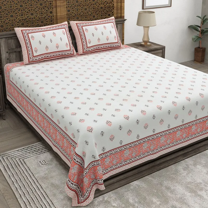 Gardenon Cotton Bedsheet (White,Peach) - 240 TC media 1