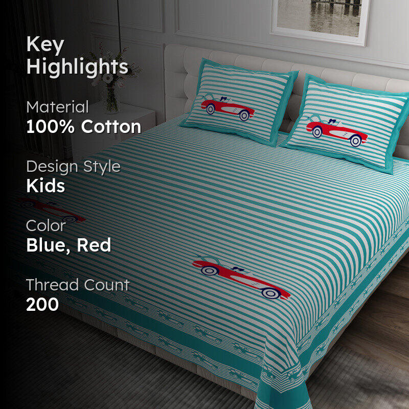 Illusion Stripey Race Cotton Bedsheet (Turquoise) - 200 TC media 2