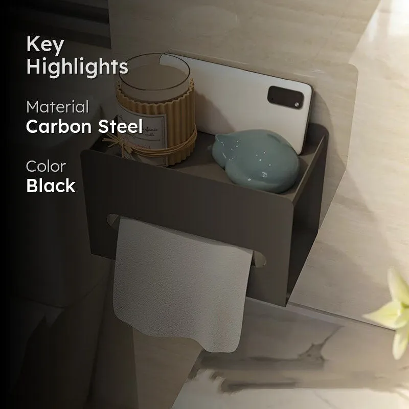Black tissue holder with top shelf mounted on a bathroom wall